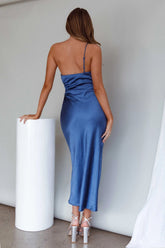 Taking Bets One Shoulder Satin Midi Dress Navy